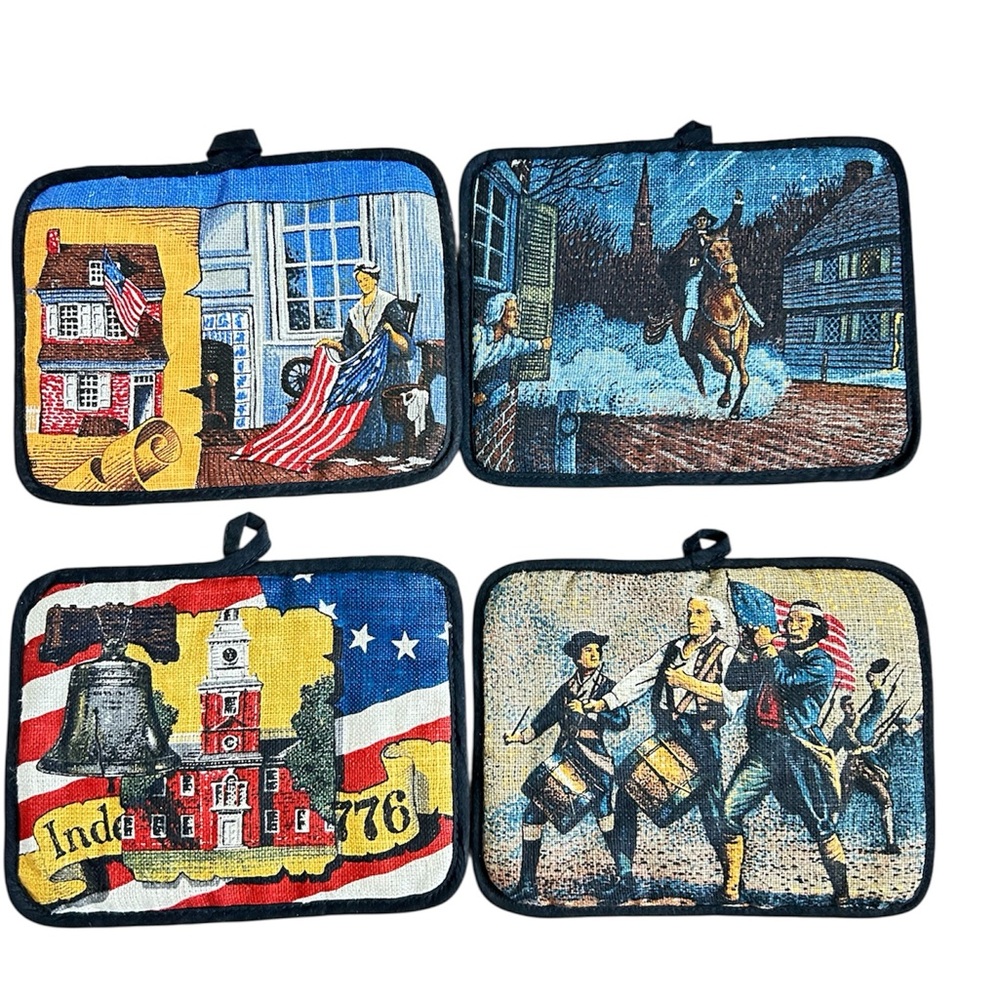 Vintage Patriotic Themed Pot Holders Hot Mat Trivet Set Of 4 Excellent Condition
